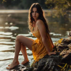 Capture the elegance of a fair-skinned woman with dark long hair...