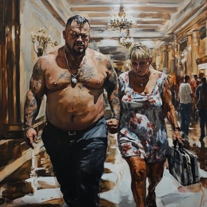 realistic painting.A sweaty beefy man walking with his 54 year o...