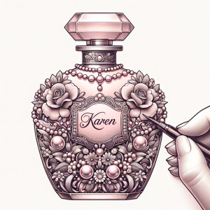 Design a fancy pink perfume bottle in the shape of a woman’s body with flowers, Pearls and diamonds and the name Karen