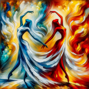 The image is an abstract painting depicting two graceful figures...