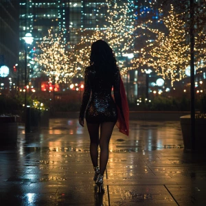 A cinematic evening in rainy downtown Seattle, where the glisten...