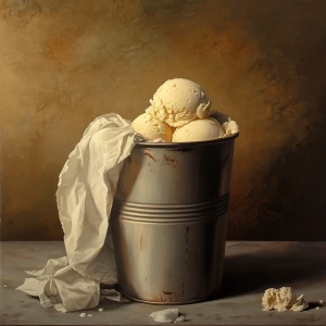 A tub of vanilla ice cream lies sadly in a large trash can