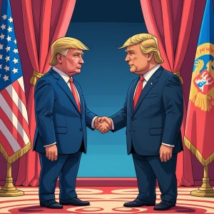 Trump and Putin stand face to face and shake hands, in carton ar...