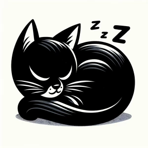 A serene black cat curled up, deeply asleep with a relaxed postu...