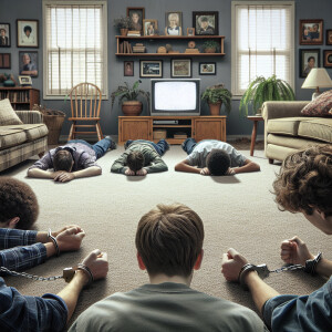 realistic image of 5 white male teens handcuffed laying face dow...