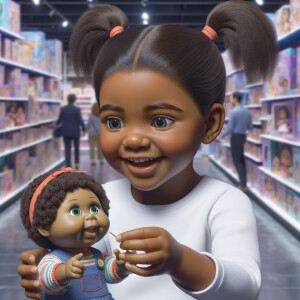 Create a 3-D image of a little girl inside of a very large toy store. The little girl has thick, ponytails and huge blue eyes. She is playing with her favorite doll, the doll is a African-American Cabbage Patch doll. That looks just like her.