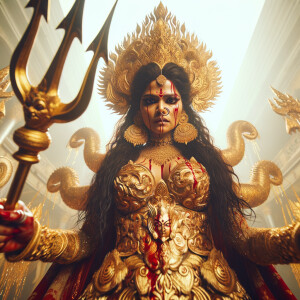 A photograph of a standing goddess Durga cosplayer, looking down. The angle of the camera is pointing up while she is looking down into the lens with extremely angry expression and showing the three prongs of her trident to the lens. She is beautiful, wearing golden armor and gold saree, covered in red water, abundant of gold covering her body, huge gold crown on head,  hyper realistic, 8k, UHD