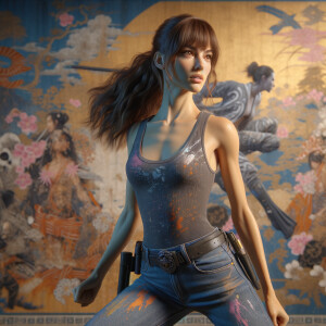 Athletic Thin skinny Attractive, Asian teenage girl, long brown hair and bangs, wearing tight skinny jeans and a halter top paint marks on her clothing, heroic pose Asian graffiti background, side view