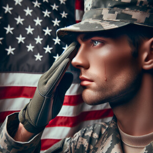 zoom in on an American soldier saluting the American flag. His f...