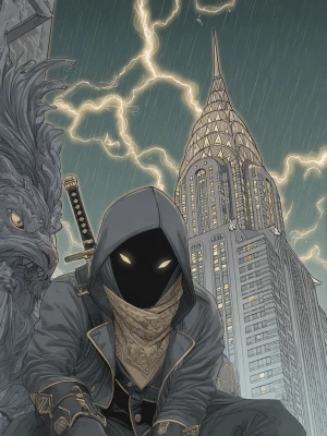 /imagine prompt: Crouched manga-style mystic on a massive, grote...