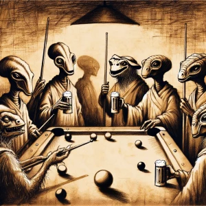 ( black shadow outlines of aliens) playing pool and drinking bee...
