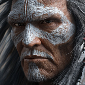 A native american indian with intricate white facial paint, feat...