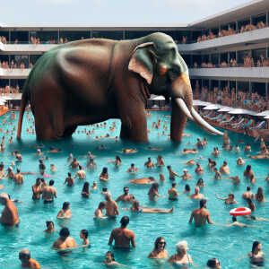 an elephant swimming in a crowded swimming pool