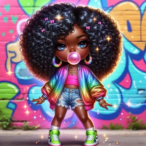 A realistic chibi African American girl with voluminous curls ca...