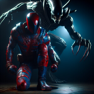 Spiderman, clad in a tattered and blood-stained suit, is poised...
