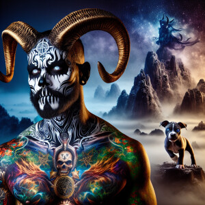 macabre ultra-detailed intense demonic man with curved goat horn...