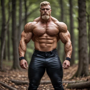 Bodybuilder blonde hair beard crew cut with a fade wearing black...