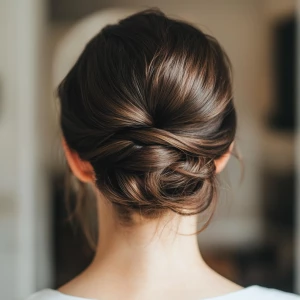 a woman, look to the camera, close up photo, Low Bun Hairstyle,...