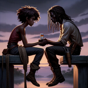 A darkskin girl with curly hair and a slim body holding a rope with sitting on a bridge next to a brown skin boy with long locs holding a pill bottle and their both holding hands looking at each other