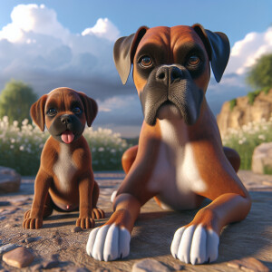 A Female dog Boxer with her puppy next to her 3D Photolistic rea...