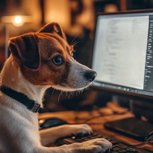 a dog hacking on a computer