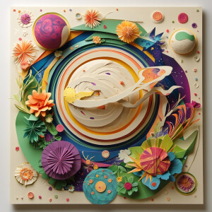 Create a Kirigami artwork featuring planets and flora to visuall...