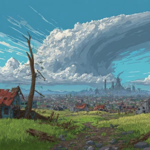 After the storm comes calm good weather. a ruined city in the ba...