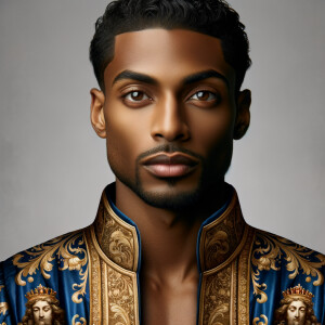 Create handsome African-American, Jesus, with Hazel Brown eyes wearing a blue and gold robe