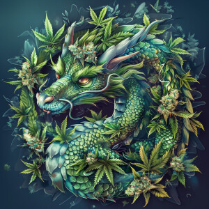 Create a hyper-realistic illustration of a Marijuana Dragon surr...
