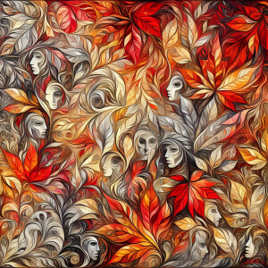 Visualize a canvas depicting vibrant autumn-colored leaves with...