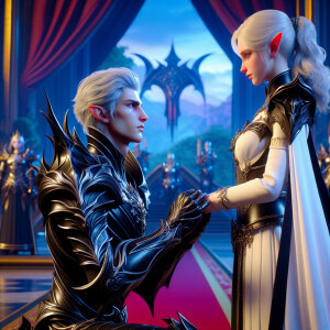 Caranthir-Ar-Fieniel from the Witcher kneels down before Queen T...