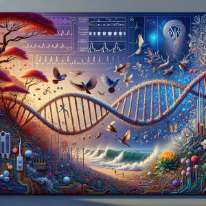 circuitry, diagrams Cellular structures, DNA, circuit boards, colorful wires,  asian and Egyptian  graffiti, lie detector graphs, cardio, printout , branches infinity sign, cave, Art, handprints, distant birds flying, flowering vines, abstract gestural painting, dna