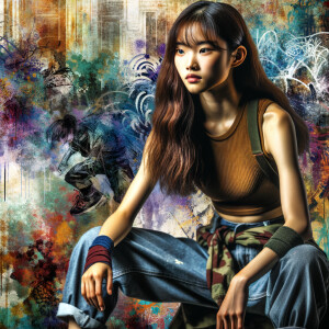 Very thin Athletic Thin skinny Attractive, Asian teenage girl, long brown hair and bangs, wearing tight skinny jeans and a halter top paint marks on her clothing, sitting side view heroic pose Asian graffiti