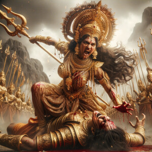 portrait of angry looking, indian goddess straddling a defeated...