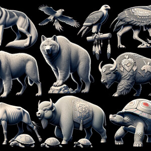 Create a 3d highly detailed image of all of the spirit animals f...