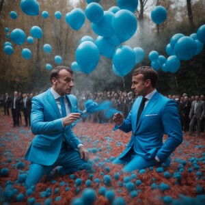 Vladimir Poutin et Emmanuel Macron qui dansent le smurf entouré...