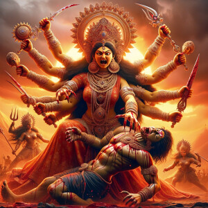 Portrait of angry four-armed goddess durga slaying mahishasur by carrying him in her arms and stabbing him with her red long nails. she should wear Gold jewelry all over the body. Mahishasur should have wounds all over his body. mahishasur should be smaller in size compared to Goddess durga. Background is an intense battlefield. reddish hue everywhere and sunset in the background.  Epic scene. 4k, HDR.