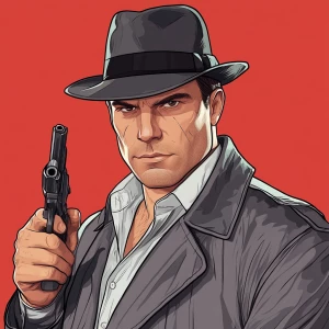 A character with short, neatly combed hair and a dark gray fedor...