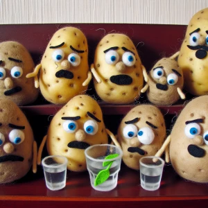 Felted image of potatoes drinking to much vodka