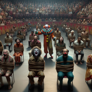 People tied to their chairs stare in horror at the scary clown w...