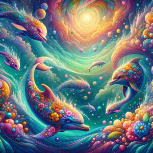 A whimsical and vibrant psychedelic ocean scene, filled with bri...