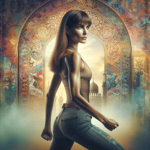 Athletic Thin skinny Attractive, Asian teenage girl, long brown hair and bangs, wearing tight skinny jeans and a halter top paint marks on her clothing, heroic pose Asian graffiti background, backside view