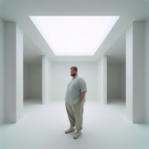 A tall chubby man in an all white box