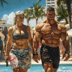 Realism art, a muscular, sweaty dangerous man walking alongside...
