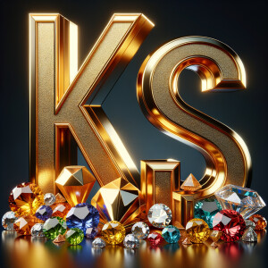 Create a 3-D realistic image with the letters  K.S. in gold raised letters , Add diamonds and colorful jewels