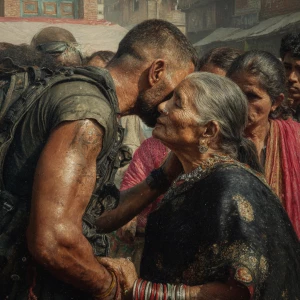 Hyperrealism photo painting. a muscular, sweaty criminal kashmir...