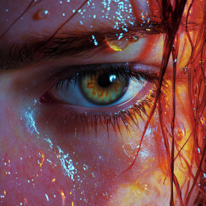 A hyper-ultra-realistic close-up of a human face, focusing on th...