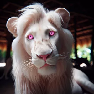 Create an image of an albinotic white lion with striking neon pi...