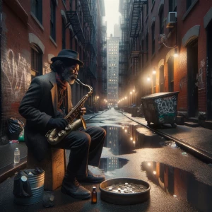 down on his luck musician in an empty alley in new york city