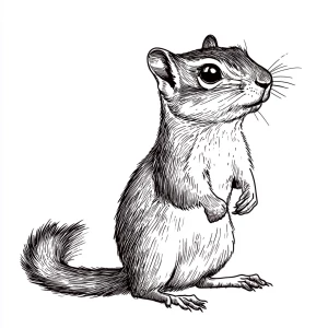 A cute chipmunk looking forward, with his body sideways showing...